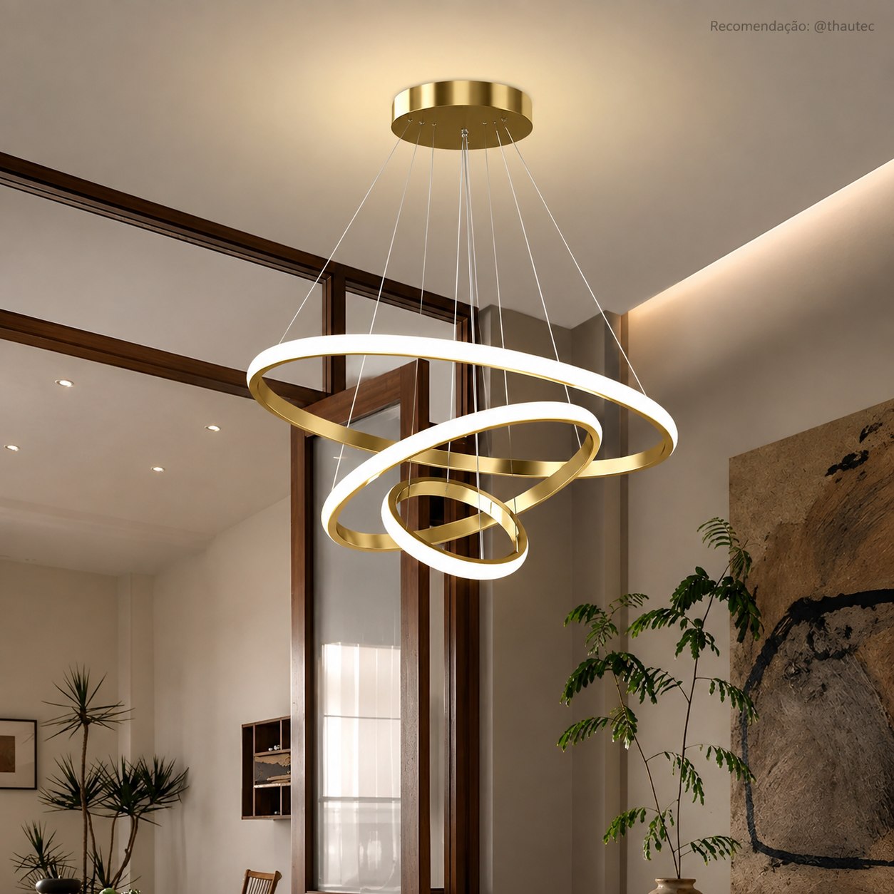 Lustre Pendente LED Moderno Anéis 89W 3 Arcos Dourado