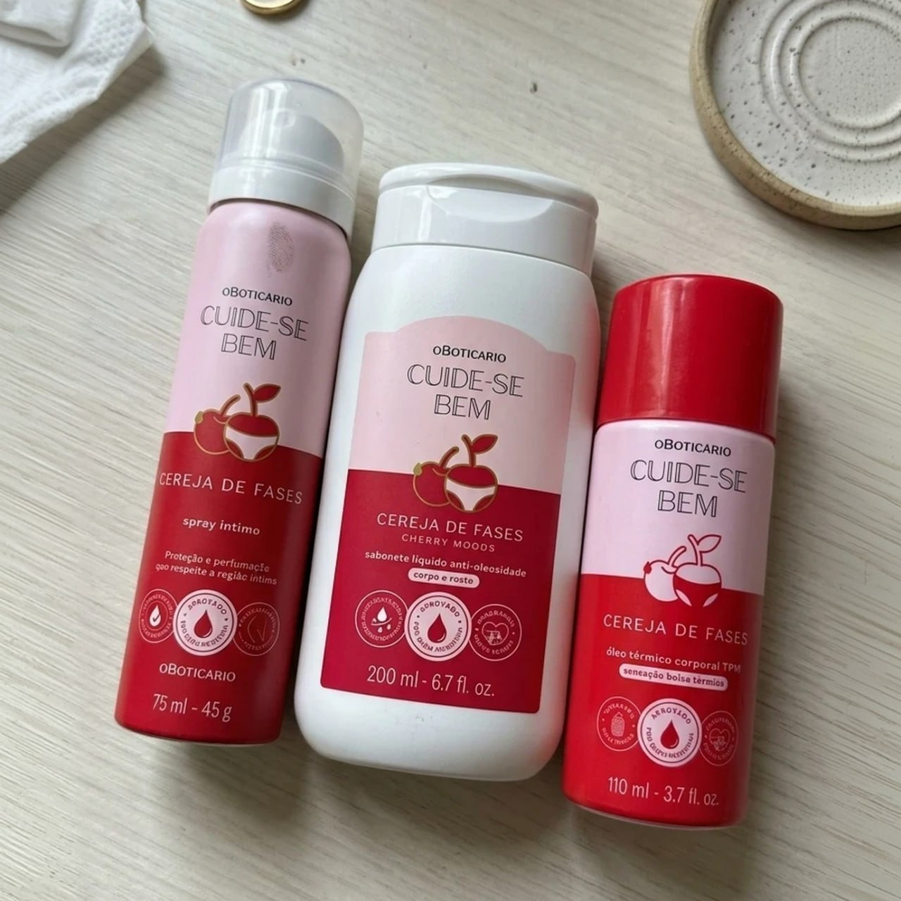 Combo Cuide-se Bem Cereja - Sabonete, Spray e Óleo Corporal